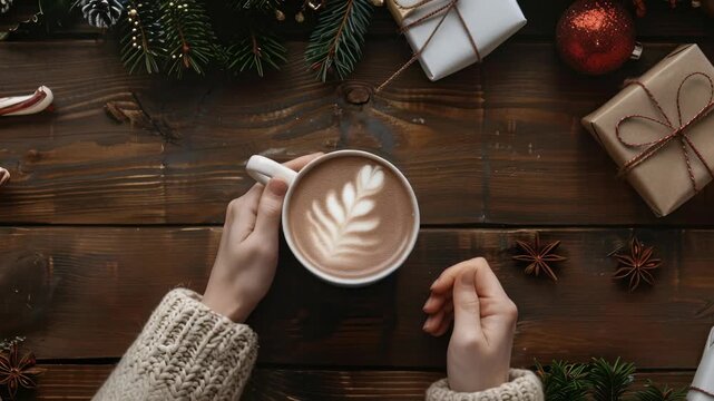 A cozy scene featuring warm hands holding a mug of hot cocoa with a beautiful latte art design. The setting is a rustic wooden table adorned with festive decorations.