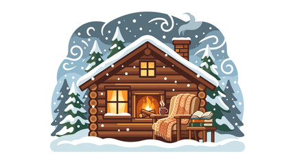 Obraz premium Cozy wooden log cabin in a snowy winter forest with warm lighting