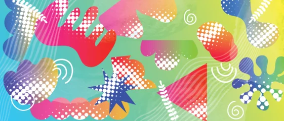 Fotobehang Sportwinkel Abstract colorful vector background with playful organic shapes, halftone dots, spirals and bright geometric forms. Modern creative banner composition  © TWINS DESIGN STUDIO