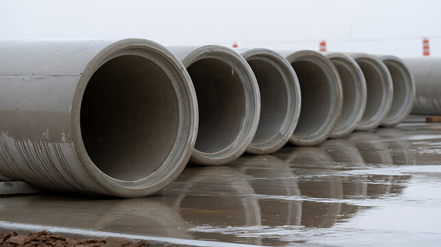 Large gray concrete storm drainage pipes lined up in a row at an outdoor industrial construction site ready for urban infrastructure