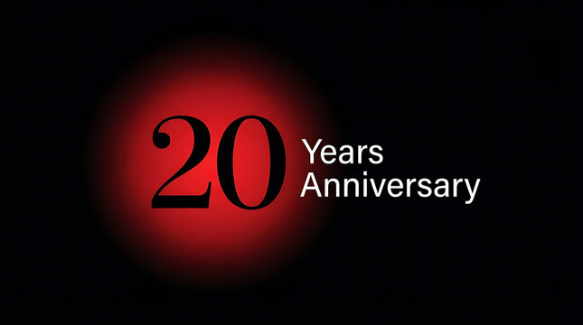 Twenty years celebration emblem with pixelated red background and text