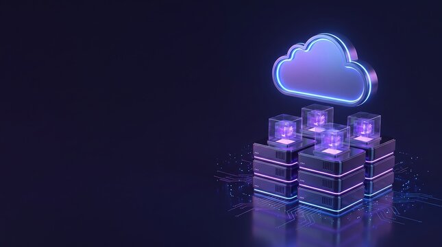 Cloud data center concept with glowing purple cubes inside server racks for high performance systems.