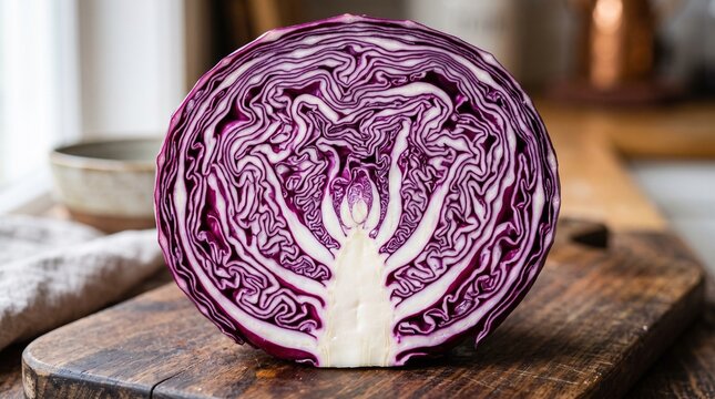 Fresh halved red cabbage head showcasing intricate layered white and purple leafy pattern.