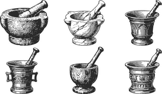 A collection of six antique mortars and pestles rendered in a classic engraving vintage style on a white background