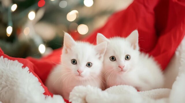 Two white kittens are nestled together in a red and white cloth with the soft glow of Christmas lights in the background creating a warm festive ambiance. The focus is on their innocent expressions.