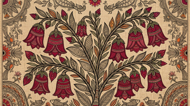 Intricate floral pattern featuring ornate red hanging bells and elegant stylized peacocks on textured canvas