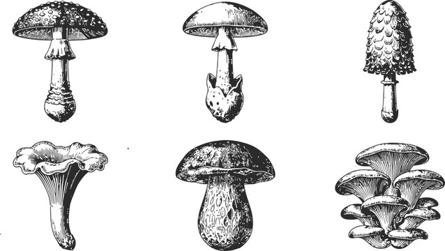 A collection of various edible and poisonous mushrooms drawn in an engraving vintage style against a white background