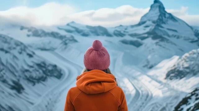 A person wearing a pink hat and orange hoodie stands facing a snow-covered mountain range under a partly cloudy sky. The scene evokes feelings of freedom and exploration in nature.