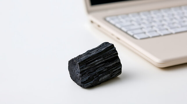 Black tourmaline crystal mineral stone set on a white desk next to modern laptop computer for electromagnetic field protection symbol