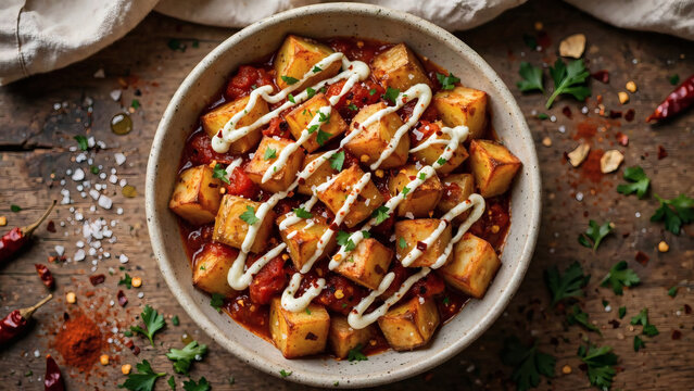 Delicious homemade tater tots topped with creamy sauce and fresh parsley garnish.