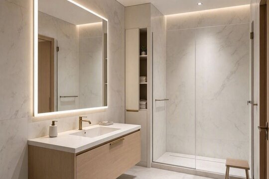 Ultra-modern luxury bathroom, large-format beige marble walls and floor, floating matte-black vanity