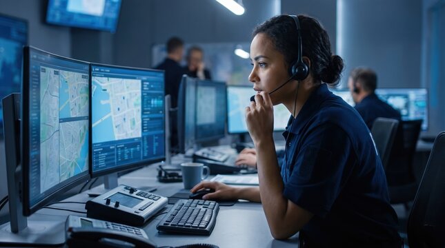 An operator works at a computer in a control room. Female 911 dispatcher in uniform speaking into headset microphone while working at multi monitor dispatch station