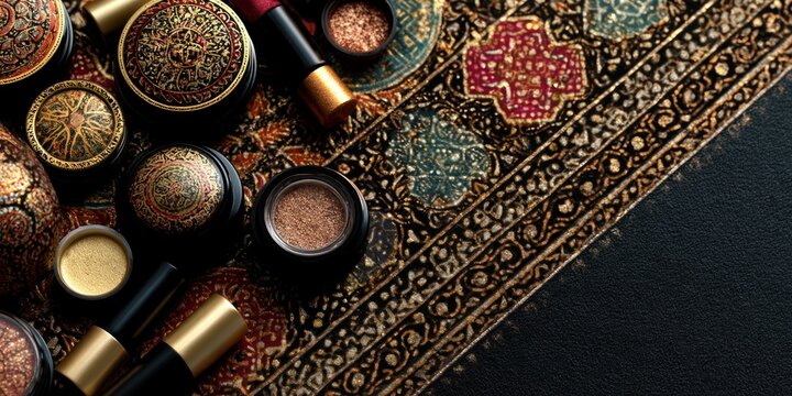 Cosmetics and makeup collection arranged on a patterned textile background