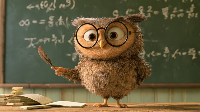Adorable cartoon owl wearing glasses and holding a feather quill in a classroom setting with chalkboard and school supplies around it