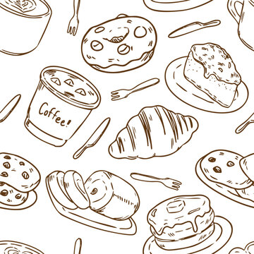 Cafe and Bakery Doodle Seamless Pattern Vector