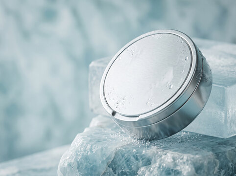 Silver snus tin container resting on frozen ice background