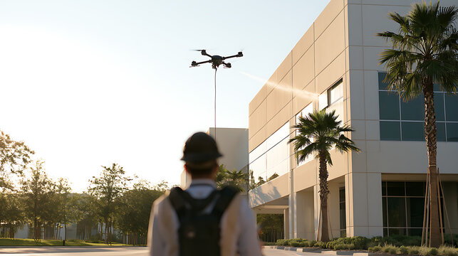 Industrial drone wash modern building exterior with water jet spray, operator stand below, sunny day exterior shot capture technology use
