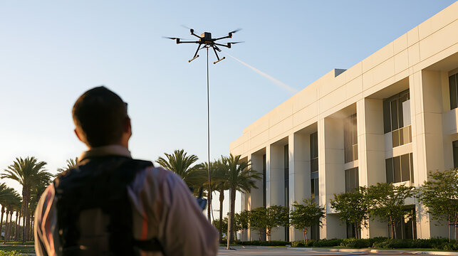 A technician operates a professional drone outside a modern office building with palm trees in the background during a clear sunny day