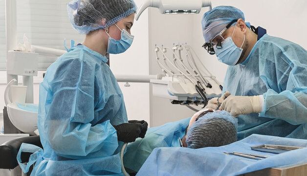 Dental surgeons performing gum restoration and dental implant placement, wearing sterile gowns, masks and gloves during oral surgery in dental clinic