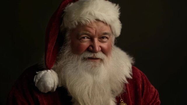 Close-up portrait featuring a man dressed in a red suit, topped with a white-trimmed hat and a full white beard. He has rosy cheeks and looks into the camera.