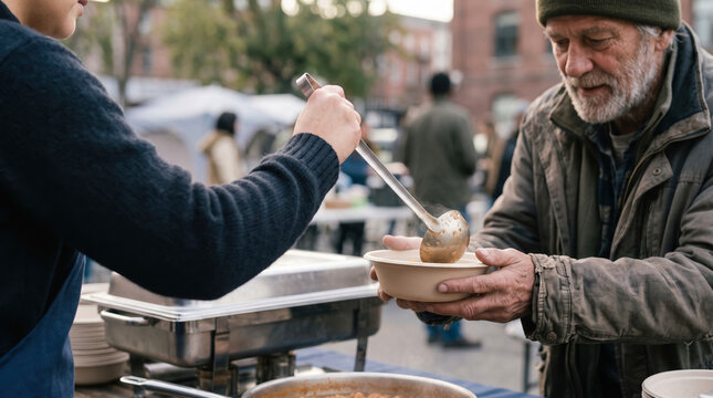 A group of volunteers distributes meals to individuals in need during an outdoor event in a busy city. People gather around the serving area to receive warm food
