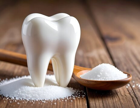 Glossy white tooth model next to sugar on a wooden spoon, resting on a wood surface