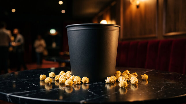 Black popcorn bucket sitting on a marble table inside a dimly lit movie theater lounge area