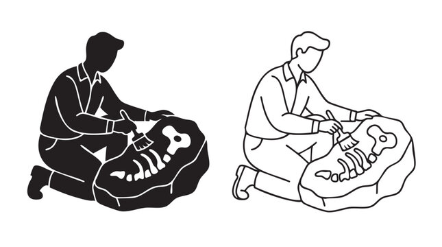 paleontologist brushing fossil vector pair icon black black black silhouette with line art vector pair icon