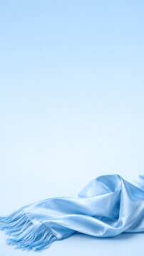 Traditional Ceremonial Silk Khadag Scarf Draped on Pale Blue Gradient Background with Copy Space Vertical Composition