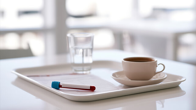 Medical blood test tube sample with form, coffee cup and glass of water on a tray in a clean hospital laboratory room for diagnostic work