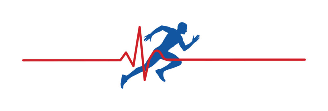 Silhouette of a running person integrated with a red heartbeat ekg line