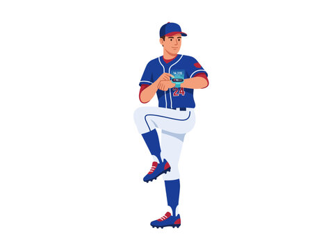 Baseball Pitcher Checks Smartwatch Mid-Pitcher Action Isolated