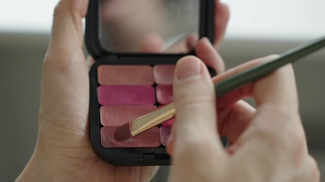 Close up of hands using a brush to pick up and blend lip colors from a compact palette. The brush moves across creamy pans showing texture and color selection. Soft diffused light and shallow depth of