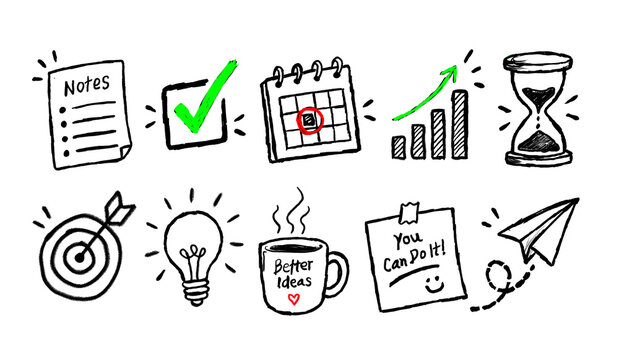 Hand drawn business and productivity icons set isolated on transparent background