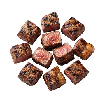 Grilled beef steak cubes with char marks arranged in a circle for a delicious meat snack platter