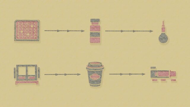 Assay checks proceed in paired rows, with reagent changing sample wells while the blank control remains stable and the batch is checked against a reference. Flat 3D style with a graphite pencil