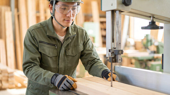 A person operates a band saw in a wood workshop. The environment is filled with wood materials and tools. It is daytime and the sunlight enters through the windows