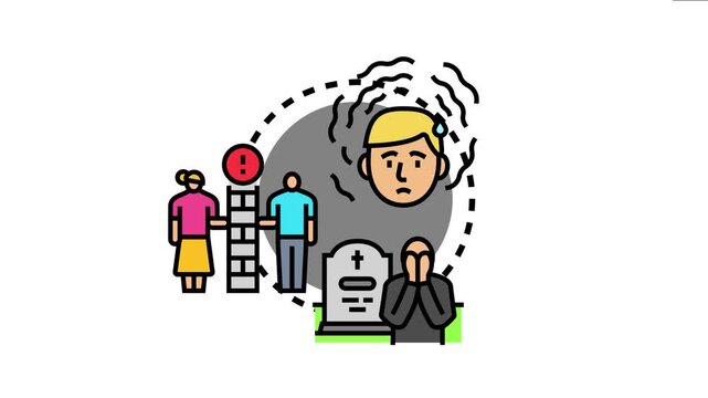 Person experiencing emotional numbness and grief, standing near a grave and separated from others by a wall, symbolizing detachment and mental struggles