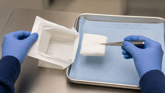 Gloved Hands Transferring Gauze to Sterile Field