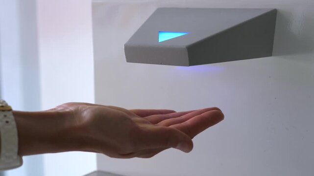 Female hand moves beneath biometric scanner, with watch visible and relaxed posture. Futuristic access device emits blue glow while woman waits for recognition in clean modern interior.