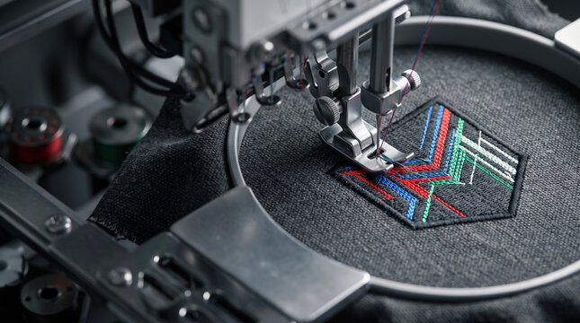 A machine is stitching a colorful design onto dark fabric in an embroidery workshop. Thread moves as the machine creates a pattern with precision