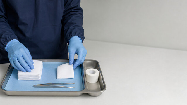 Healthcare Worker Preparing Dressing Tray with Copy Space
