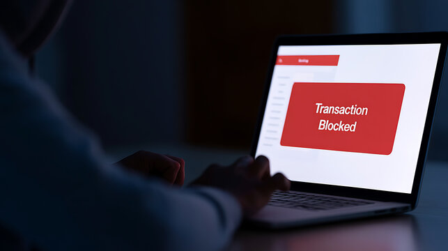Online transaction blocked alert message displayed on a laptop computer screen while a user attempts payment during internet purchase fail