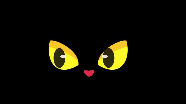 Intense golden cat eyes with slit pupils and a tiny red nose emerge from deep darkness, ideal for Halloween.