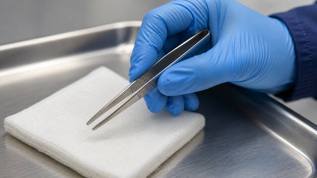 Gloved Hand Holding Forceps Above Sterile Gauze
