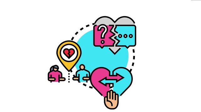 Abstract picturing various relationship problems including broken hearts, communication breakdown, emotional distance, and conflict impacting connection between people