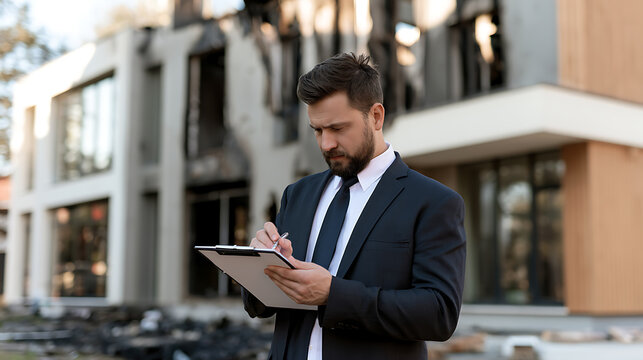 Professional insurance adjuster in a business suit inspects a fire damaged modern residential property and takes notes on a clipboard