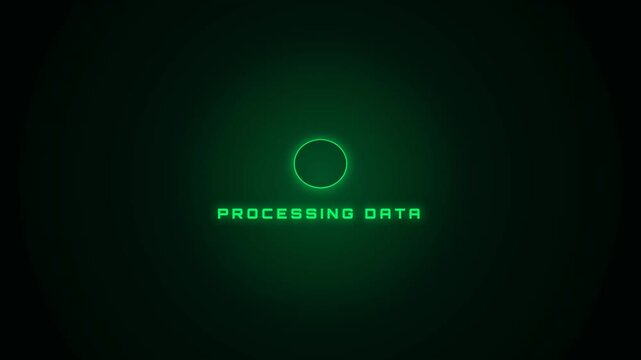 A futuristic green digital loading screen shows a spinning 3D neon ring above the glowing text 'PROCESSING DATA' against a dark background, depicting high-tech data analysis.