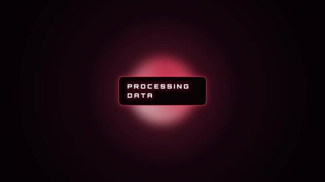 A red glowing orb pulses on a dark background with the text 'PROCESSING DATA' centered within it, simulating a futuristic computer interface loading or analyzing information.