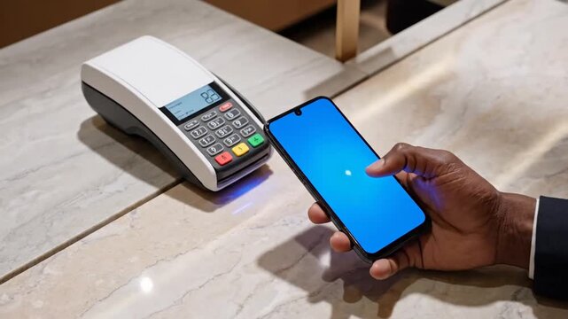 A close-up shows a dark-skinned hand using a smartphone for a contactless payment at a white POS terminal, highlighting the ease of modern digital transactions.